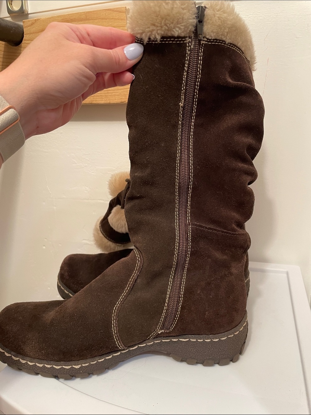 BareTraps Brown Suede Faux-Fur Pom Winter Boots - Picture 2 of 4